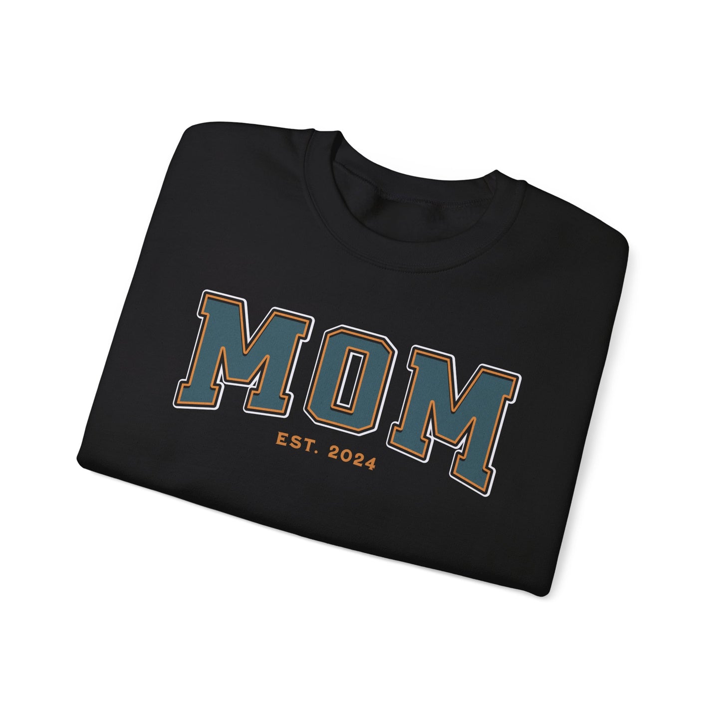Mom Est 2024 Teal Orange College Letter Sweatshirt