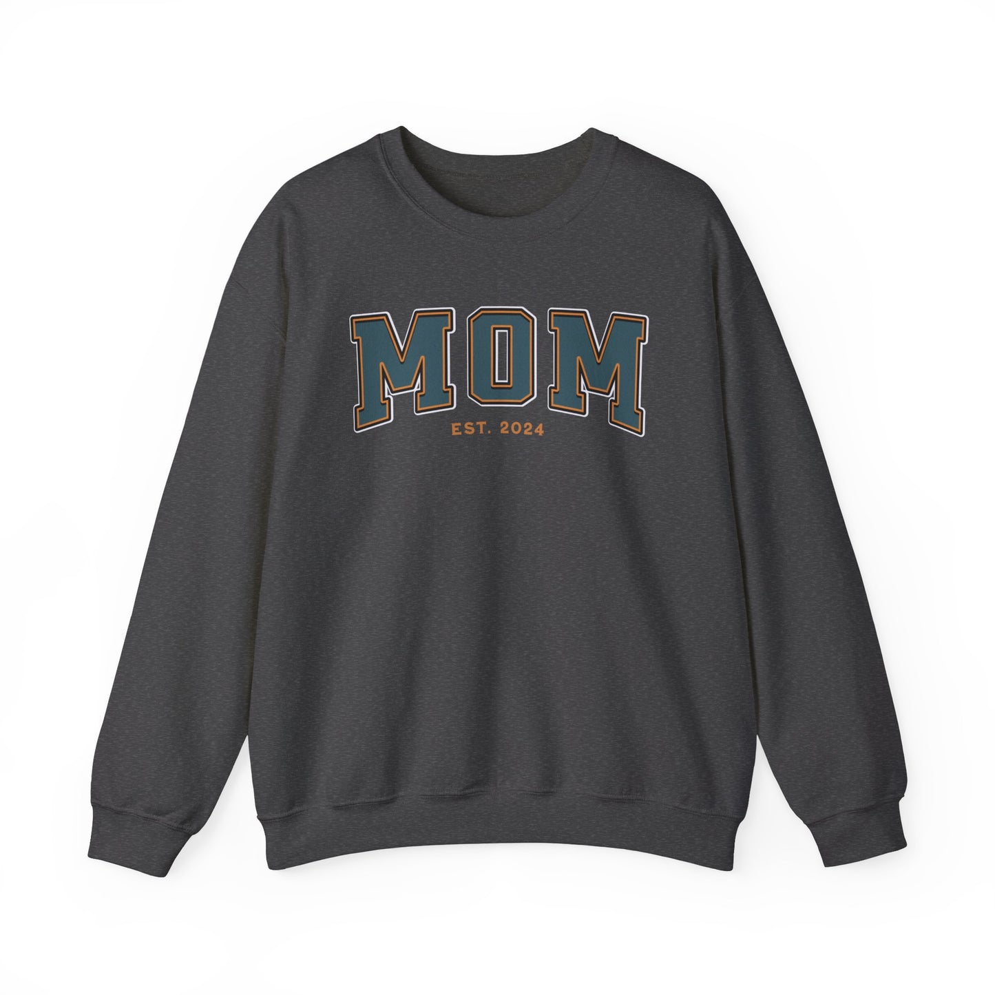 Mom Est 2024 Teal Orange College Letter Sweatshirt