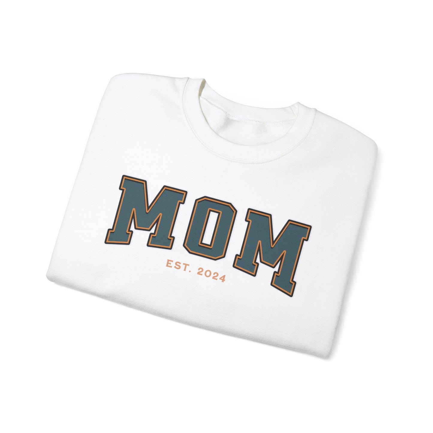 Mom Est 2024 Teal Orange College Letter Sweatshirt