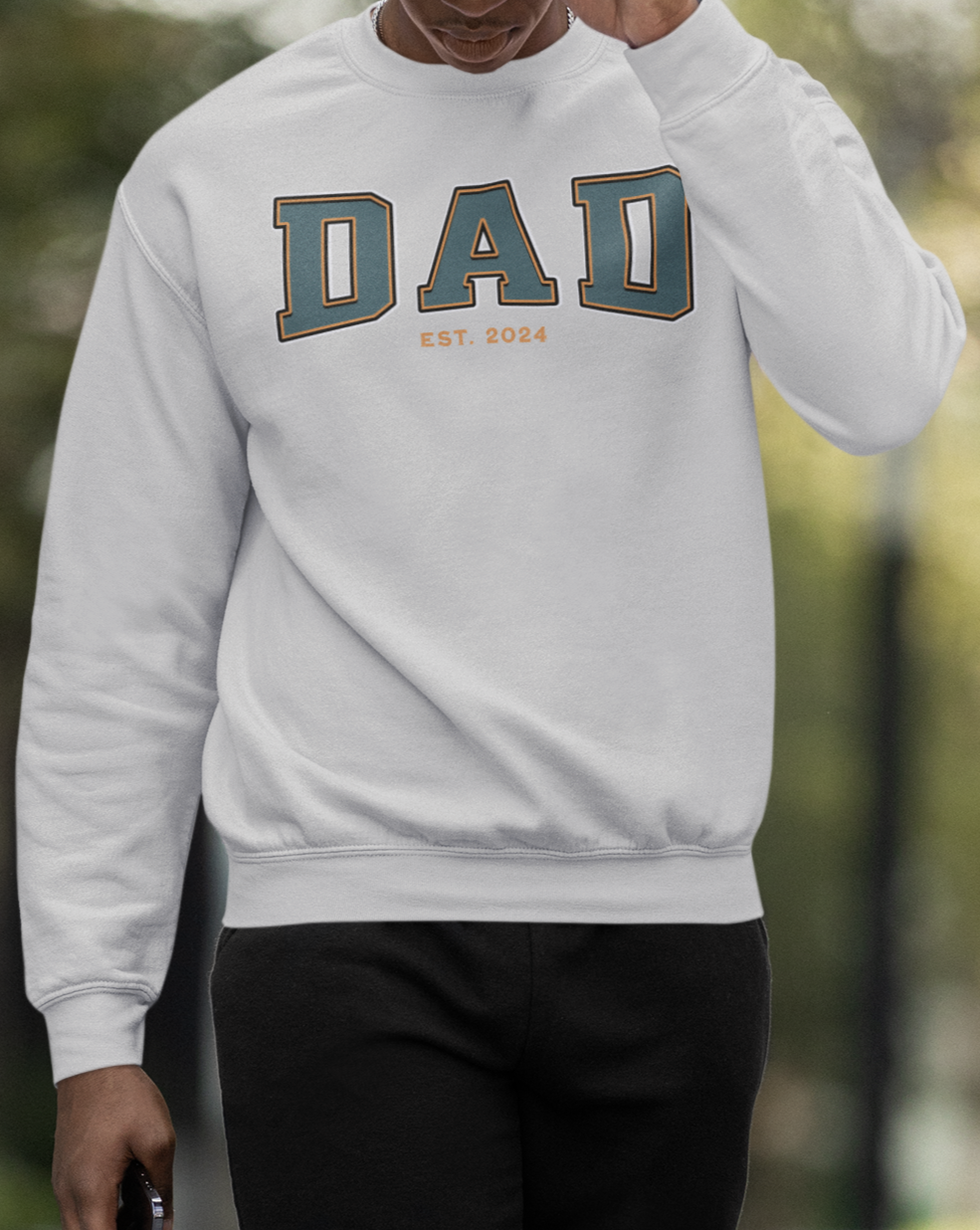 Dad Est 2024 Teal Orange College Letter Sweatshirt