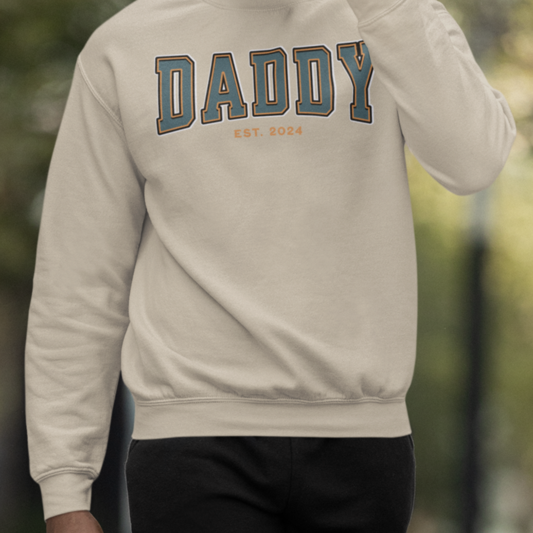 Daddy Est 2024 Teal Orange College Letter Sweatshirt