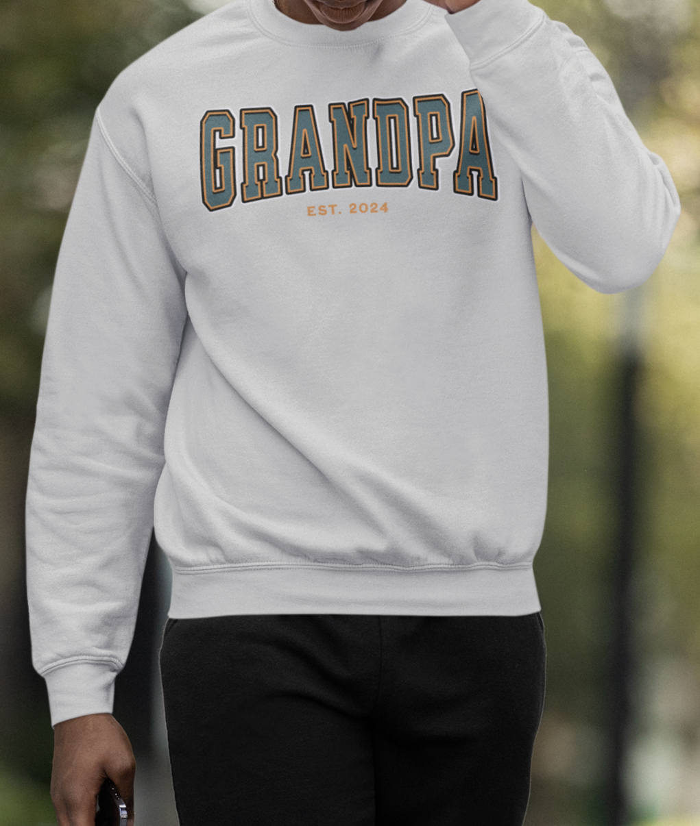 Grandpa Est 2024 Teal Orange College Letter Sweatshirt