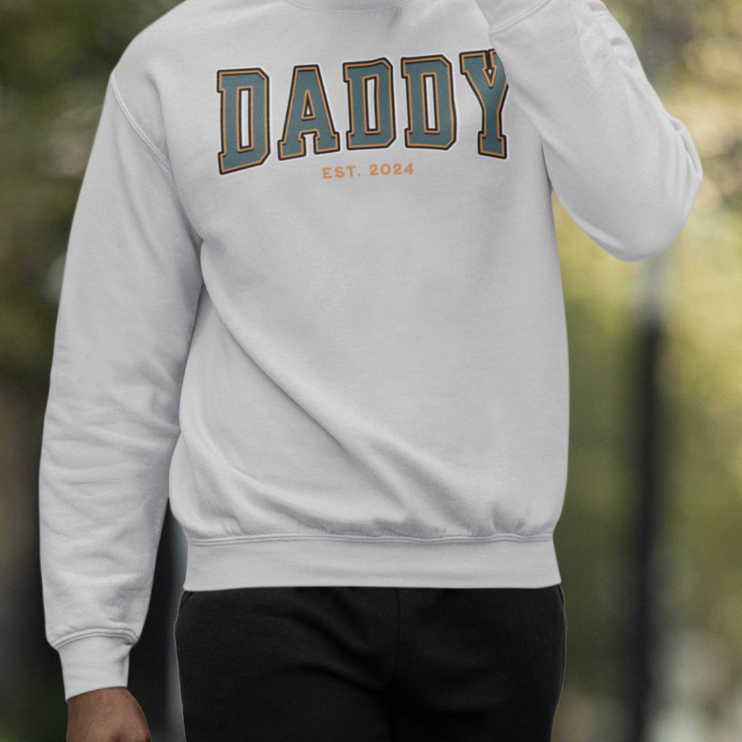 Daddy Est 2024 Teal Orange College Letter Sweatshirt