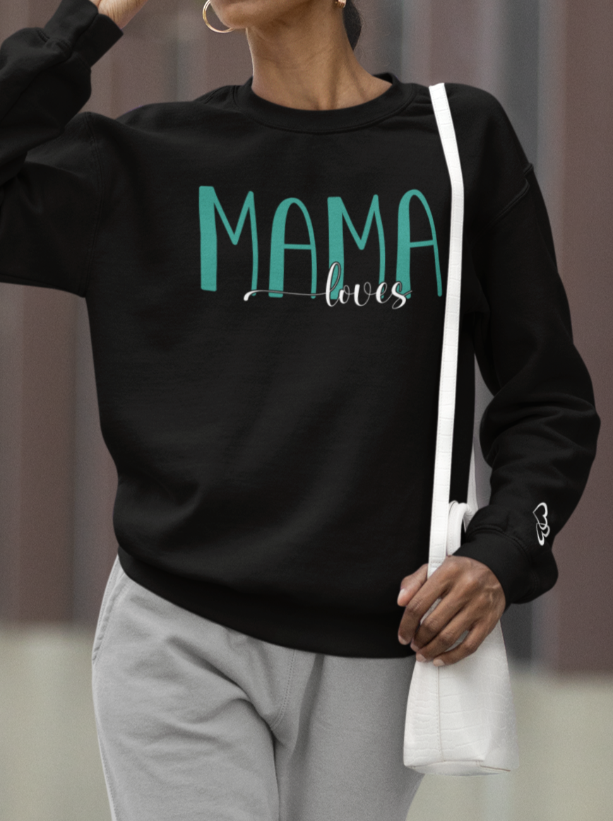 Custom Teal Mama Loves Heart Sleeve Sweatshirt