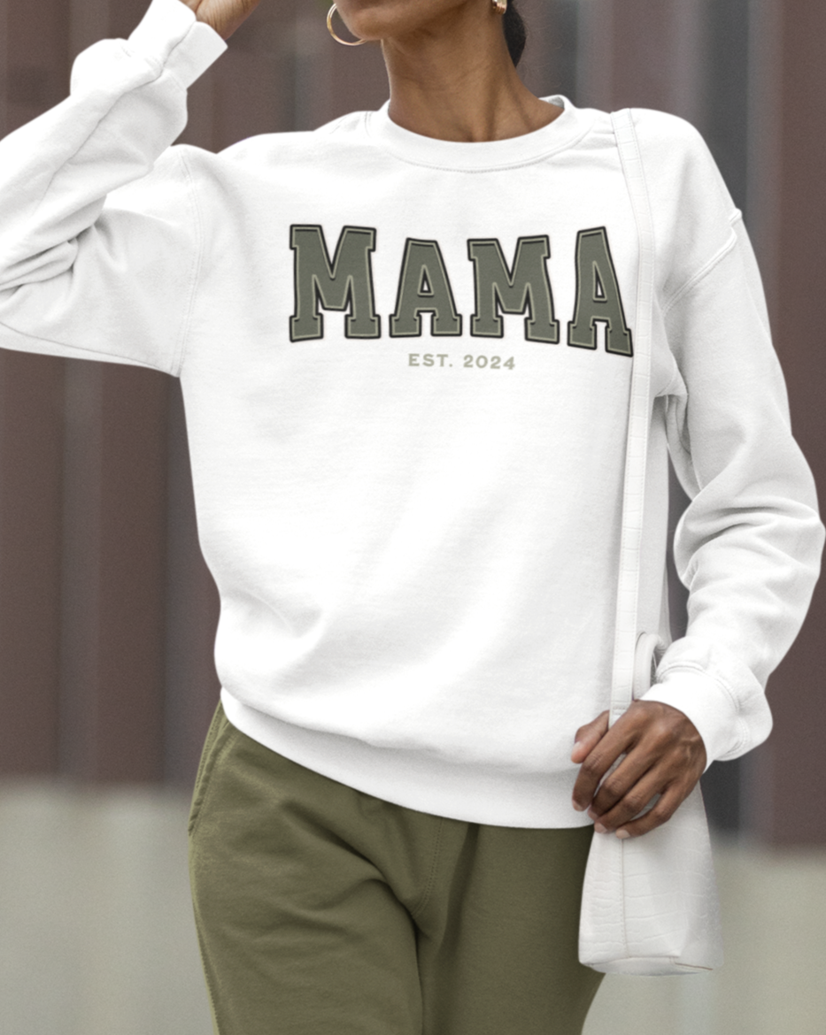 Mama Est 2024 Army Green College Letter Sweatshirt