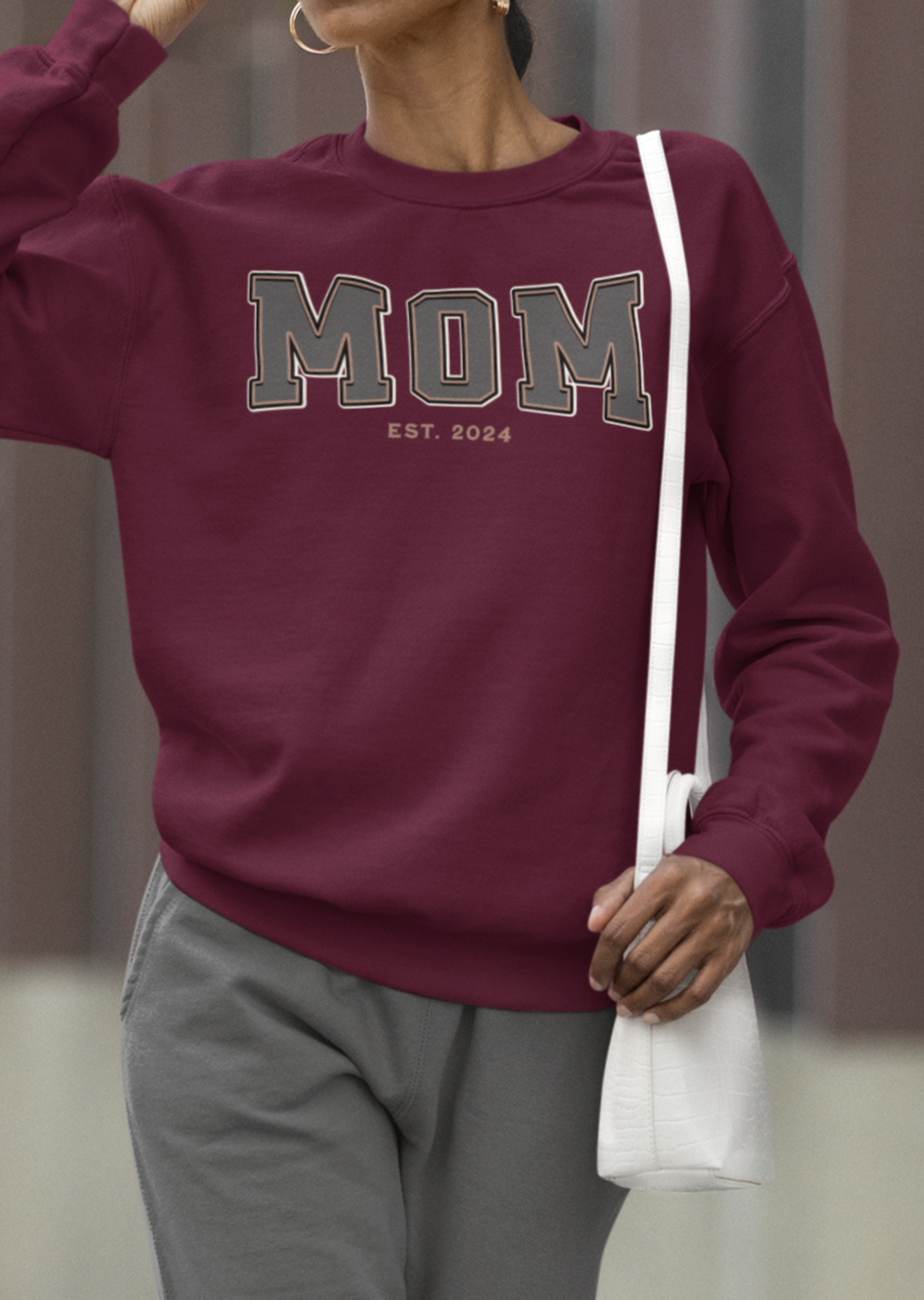 Mom Est 2024 Grey Tan College Letter Sweatshirt