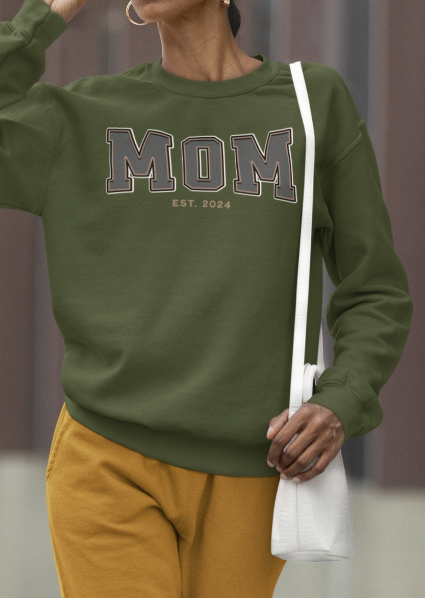 Mom Est 2024 Grey Tan College Letter Sweatshirt