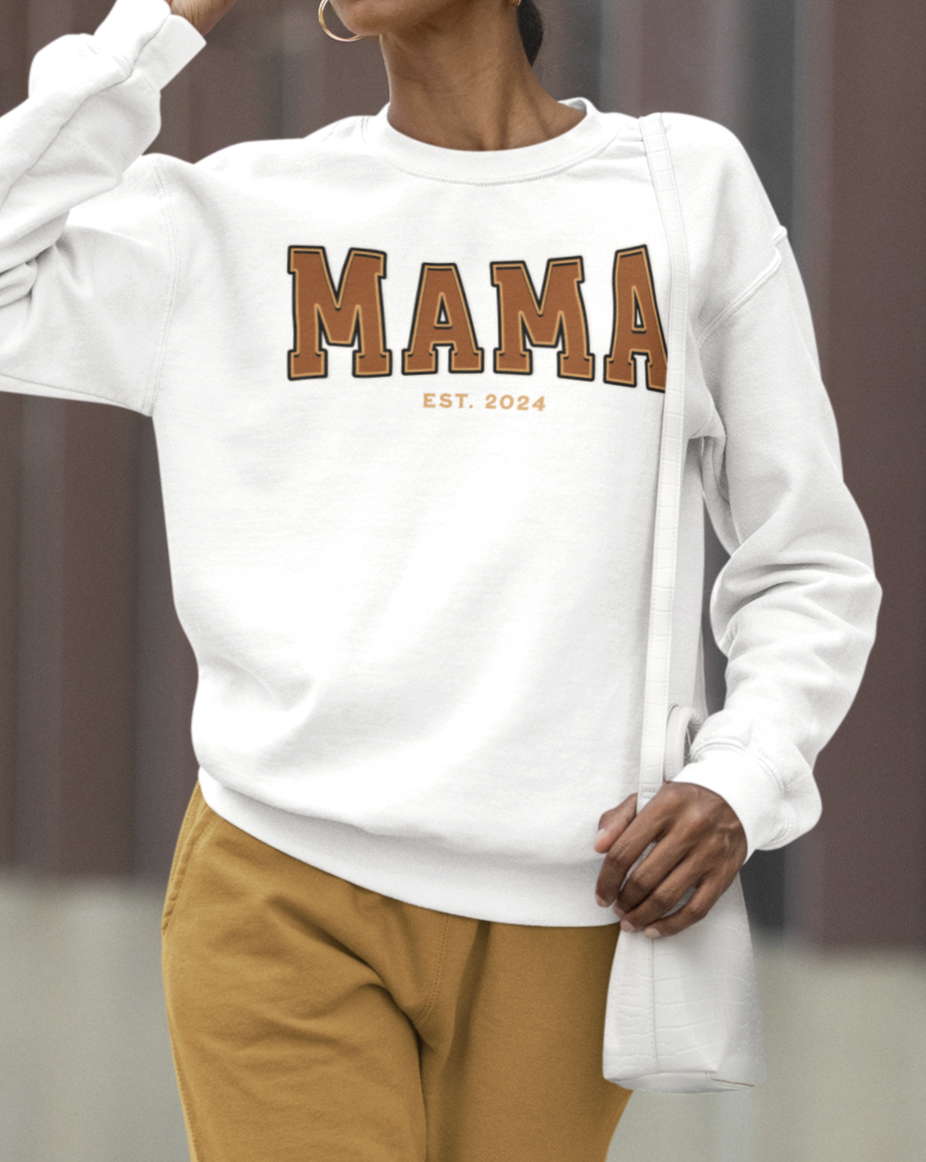 Mama Est 2024 Orange College Letter Sweatshirt