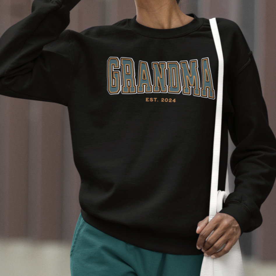 Grandma Est 2024 Teal Orange College Letter Sweatshirt