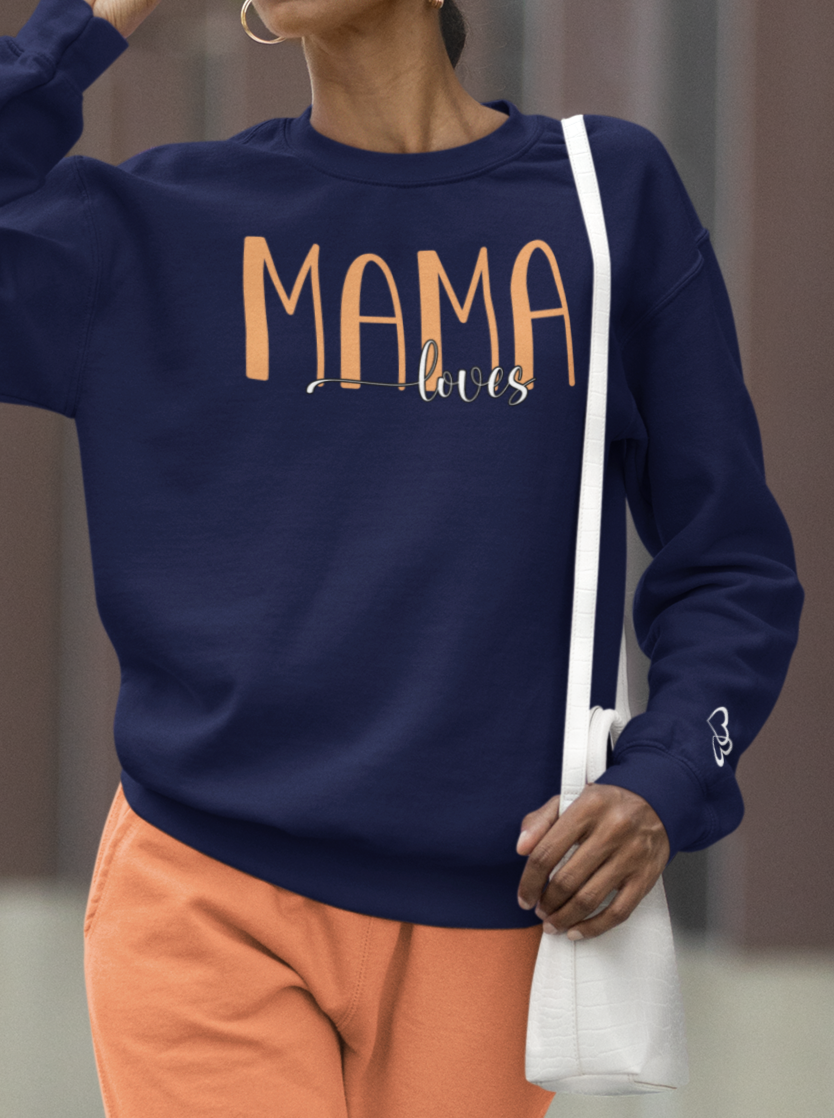 Custom Orange Mama Loves Heart Sleeve Sweatshirt