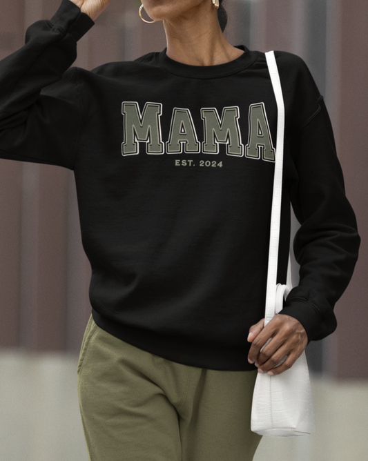 Mama Est 2024 Army Green College Letter Sweatshirt