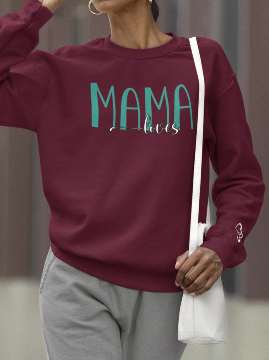 Custom Teal Mama Loves Heart Sleeve Sweatshirt