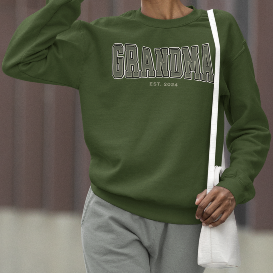 Grandma Est 2024 Army Green College Letter Sweatshirt