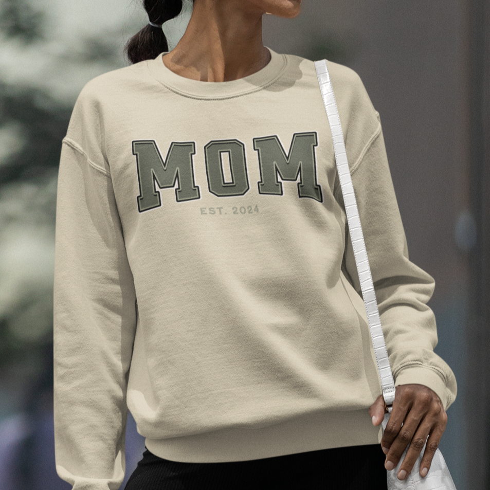 Mom Est 2024 Army Green College Letter Sweatshirt