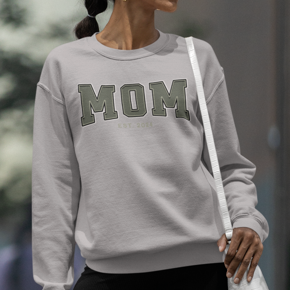 Mom Est 2024 Army Green College Letter Sweatshirt