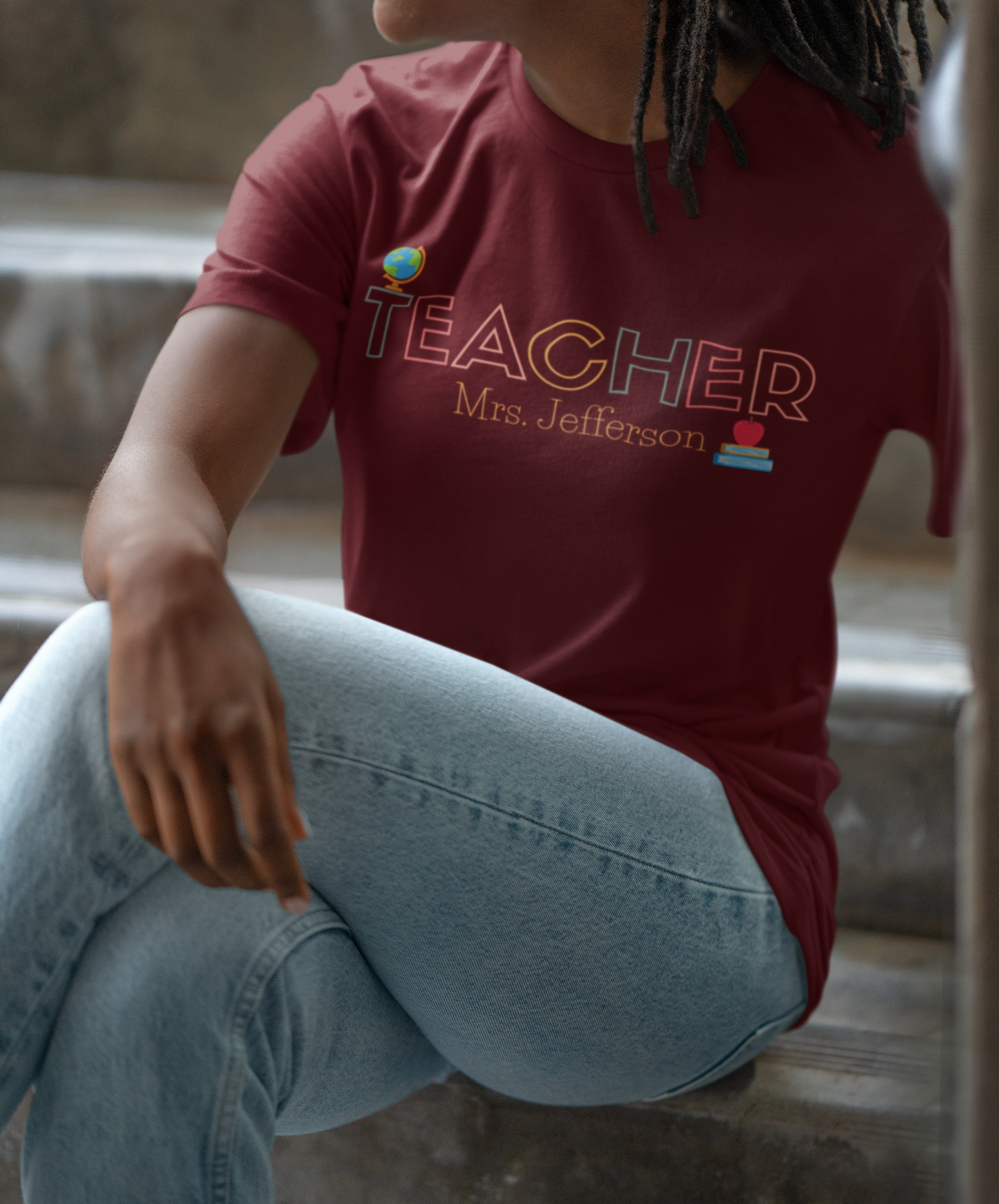 Custom Teacher Outline Lettering Boho Globe Short Sleeve Tee