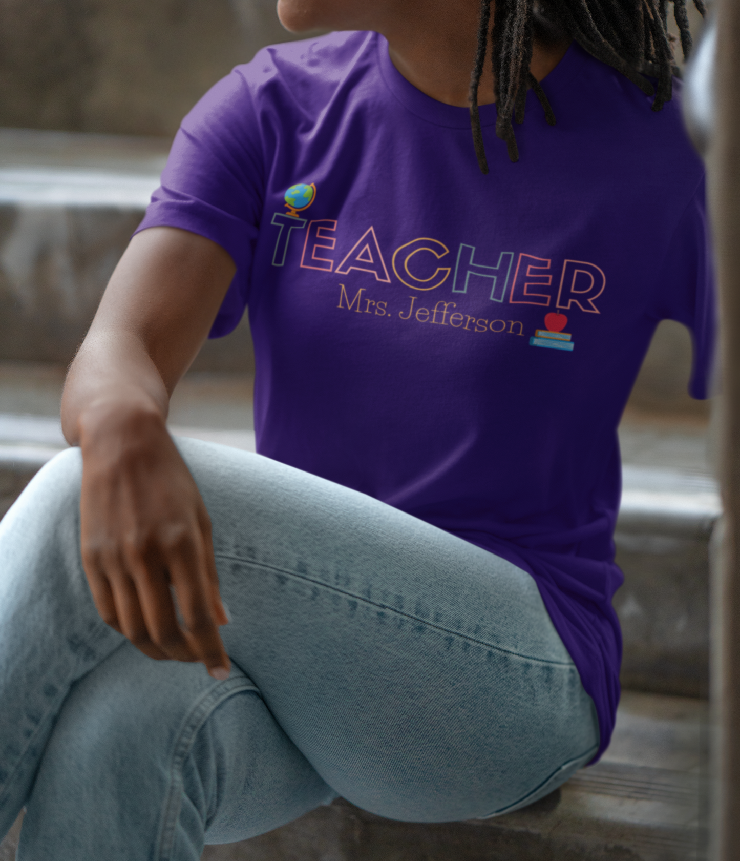 Custom Teacher Outline Lettering Boho Globe Short Sleeve Tee