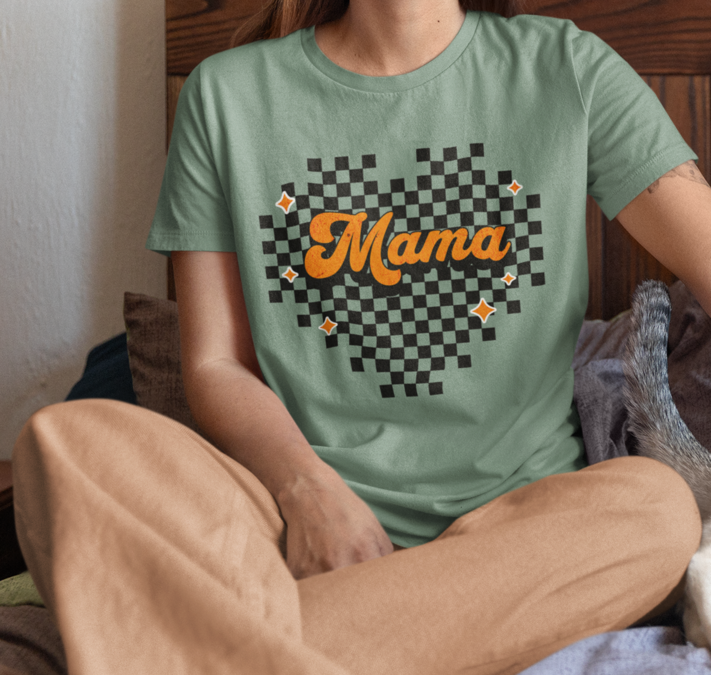 Orange Heart Checkered Mama Short Sleeve Tee