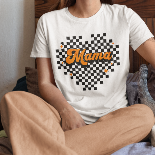 Orange Heart Checkered Mama Short Sleeve Tee