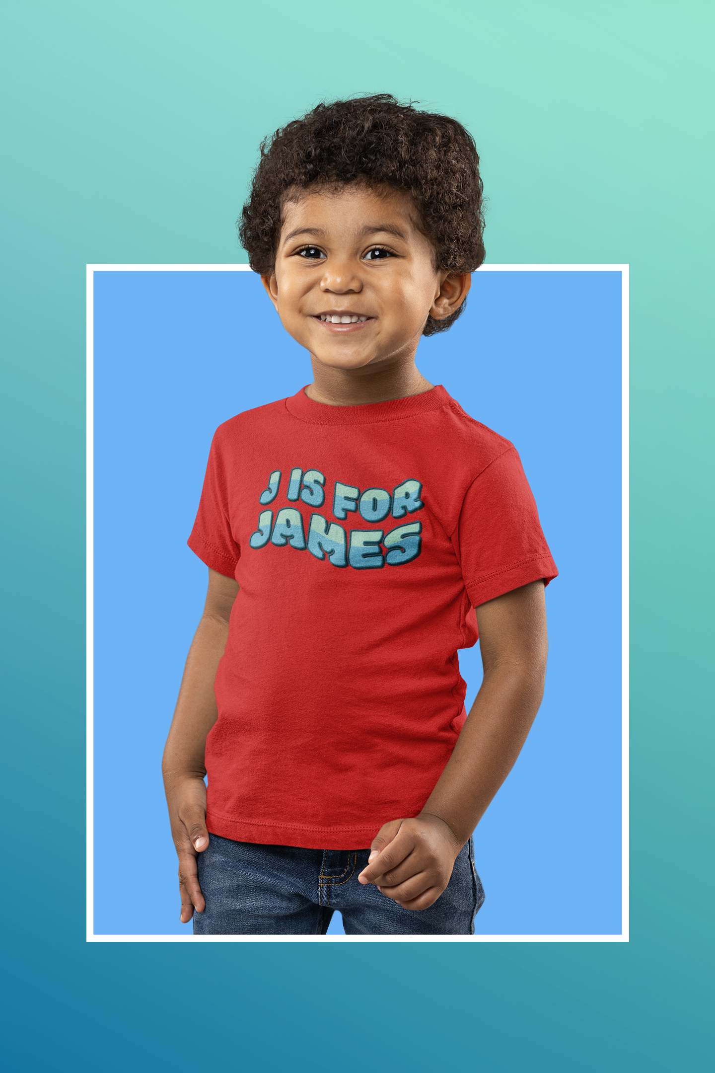 Custom Wavy Letter and Name Blue Green Toddler Short Sleeve Tee