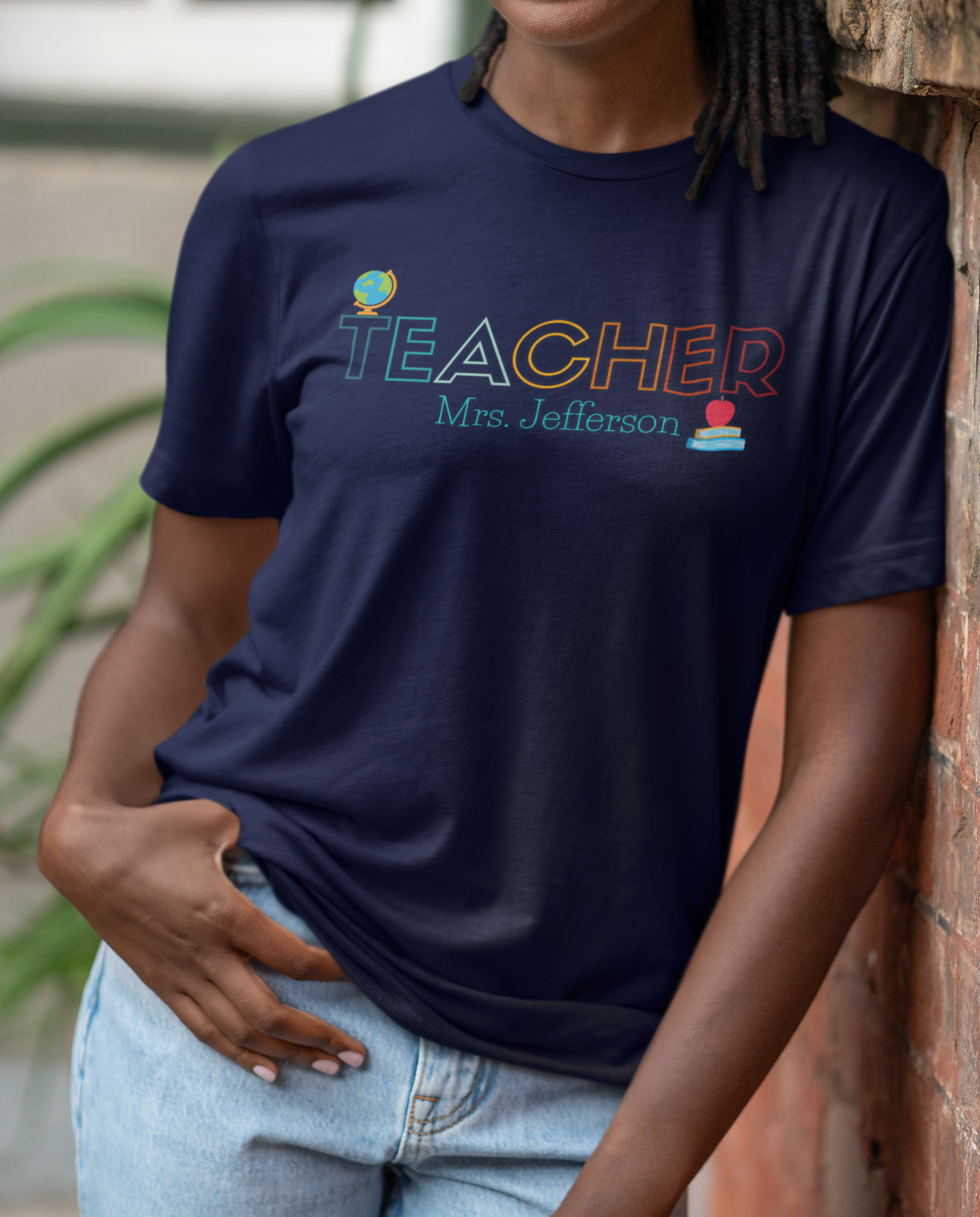 Custom Teacher Outline Lettering Globe Short Sleeve Tee