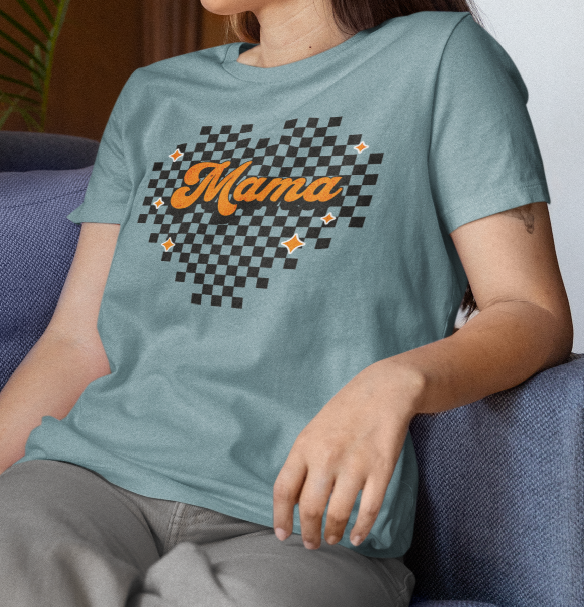 Orange Heart Checkered Mama Short Sleeve Tee