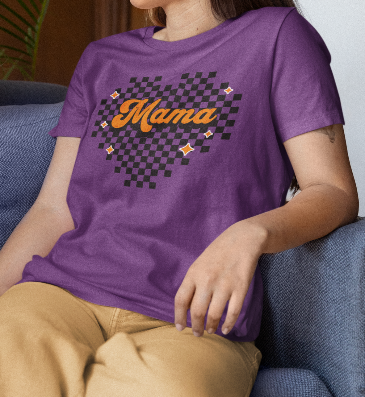 Orange Heart Checkered Mama Short Sleeve Tee