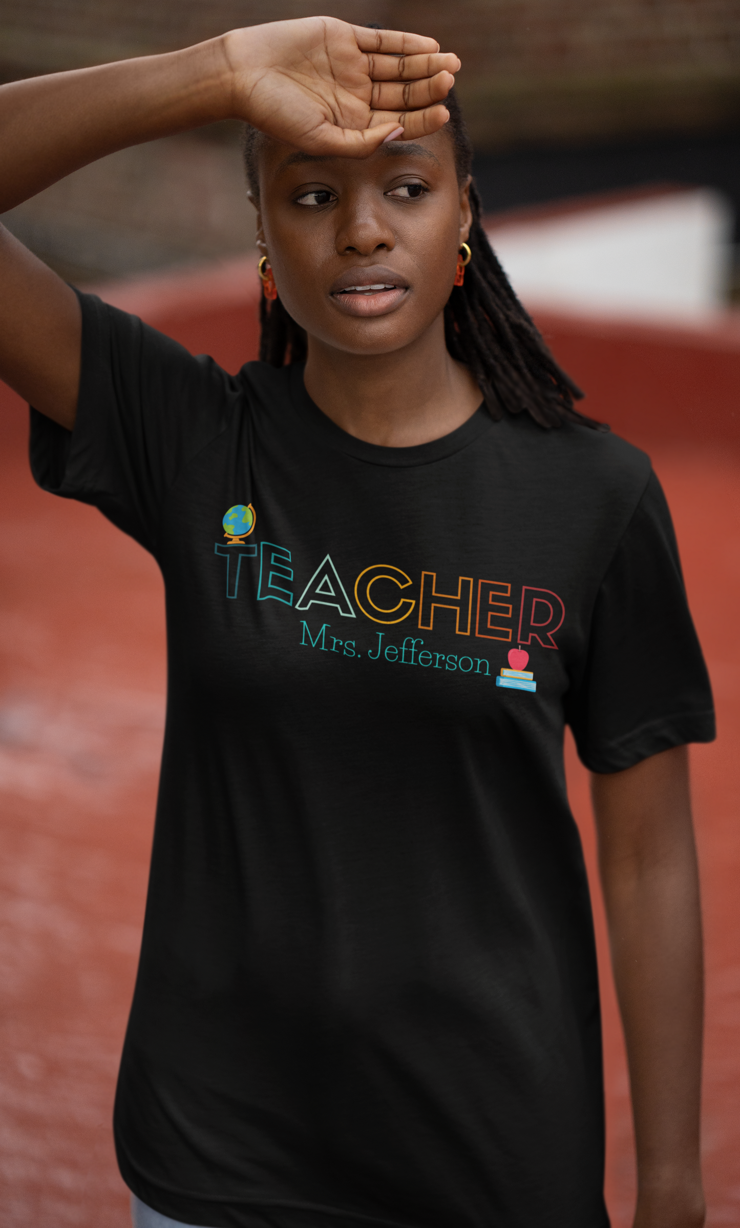 Custom Teacher Outline Lettering Globe Short Sleeve Tee