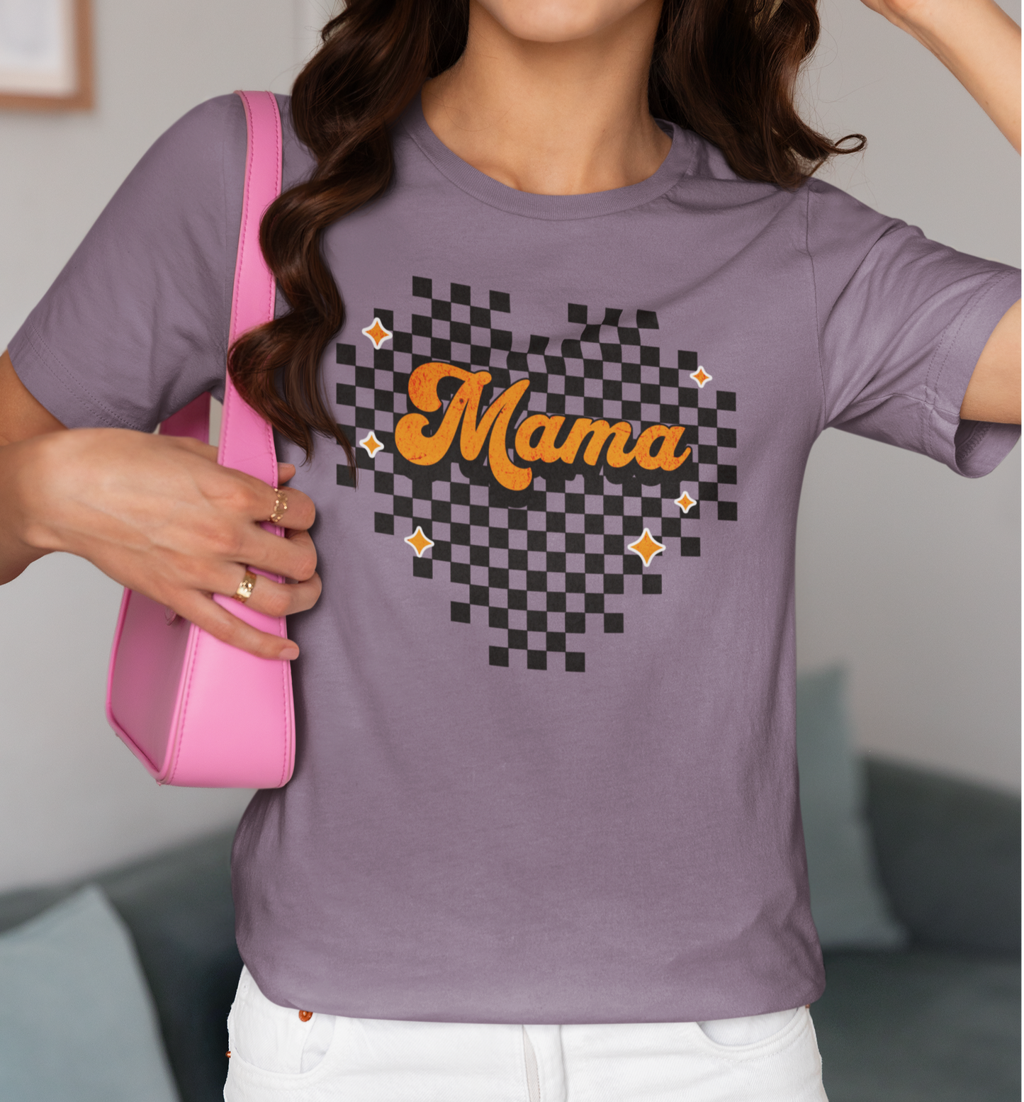 Orange Heart Checkered Mama Short Sleeve Tee