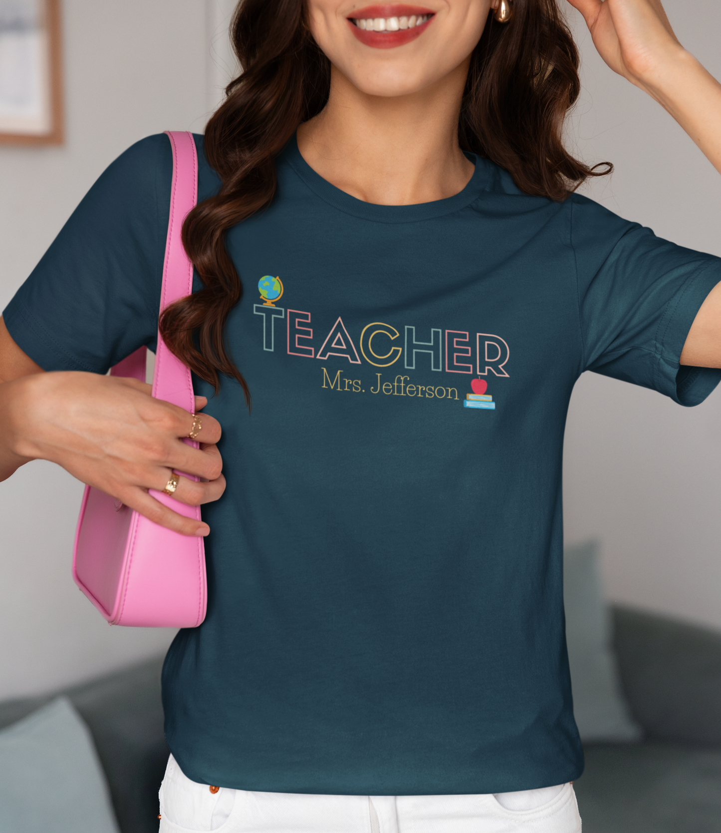 Custom Teacher Outline Lettering Boho Globe Short Sleeve Tee