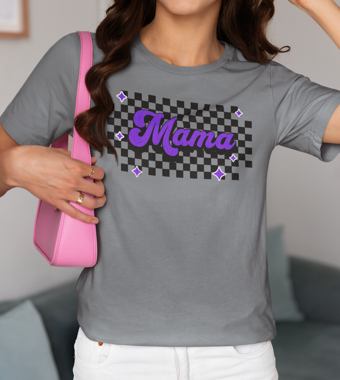 Purple Checkered Mama Short Sleeve Tee