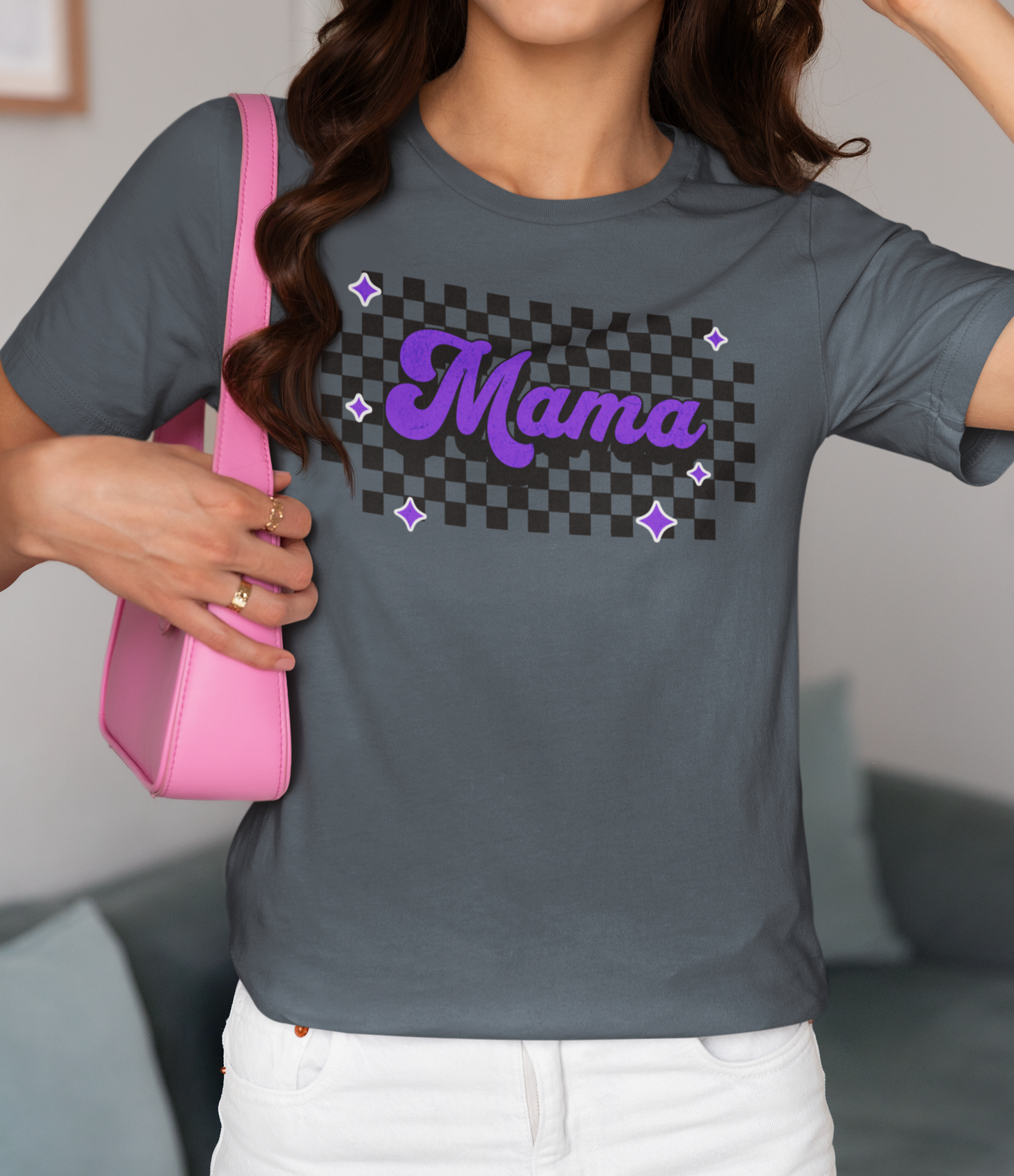 Purple Checkered Mama Short Sleeve Tee
