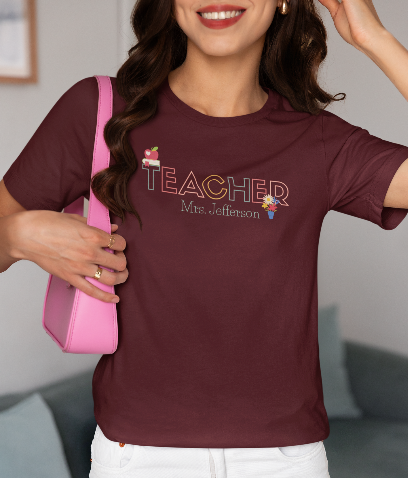 Custom Teacher Outline Lettering Flowers Short Sleeve Tee