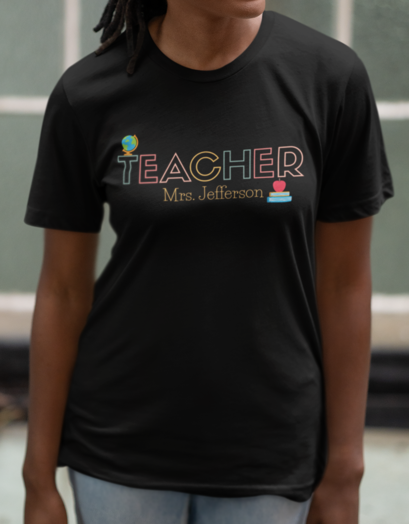 Custom Teacher Outline Lettering Boho Globe Short Sleeve Tee