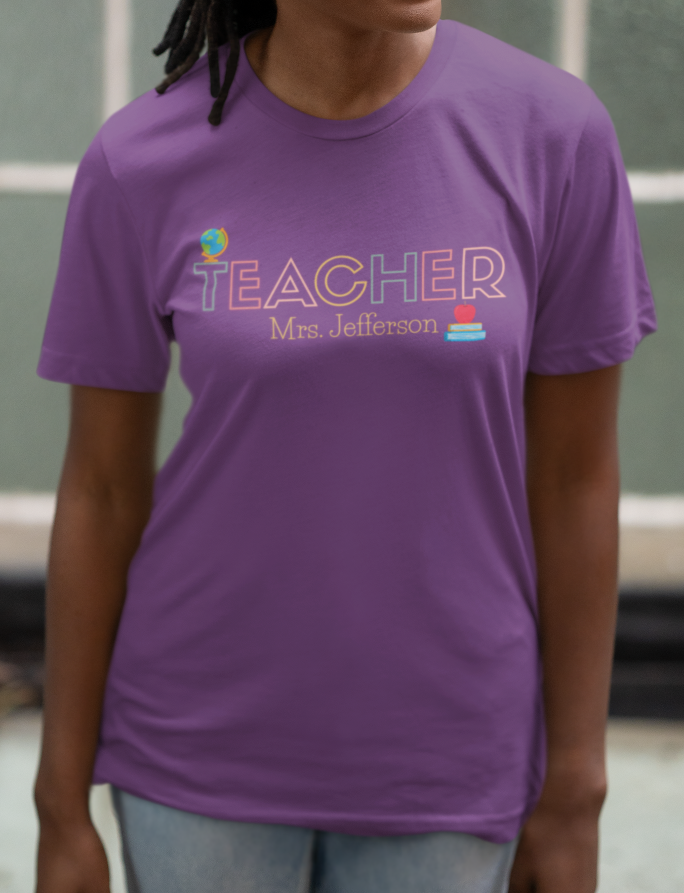 Custom Teacher Outline Lettering Boho Globe Short Sleeve Tee