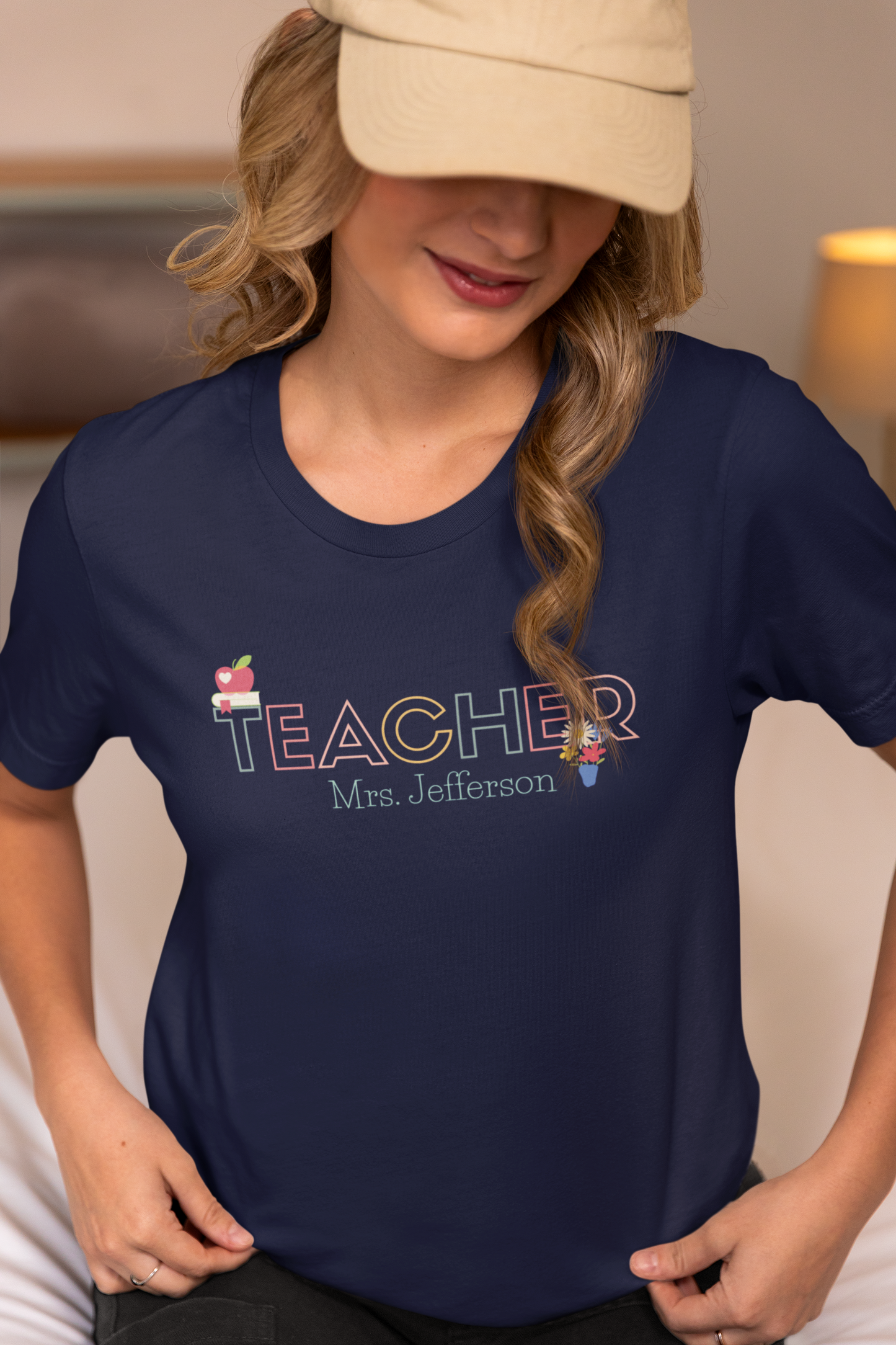 Custom Teacher Outline Lettering Flowers Short Sleeve Tee