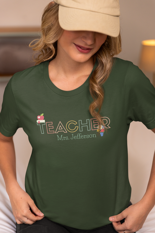 Custom Teacher Outline Lettering Flowers Short Sleeve Tee