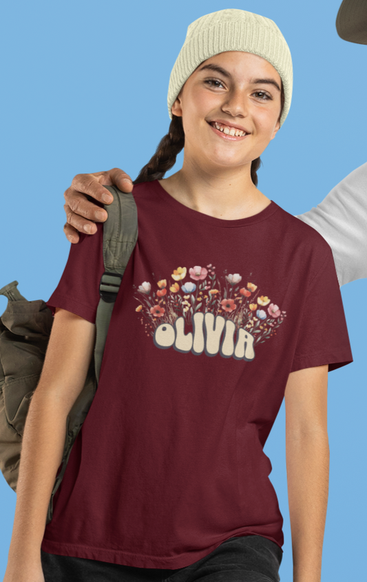 Custom Yellow Retro Name Flower Youth Shirt