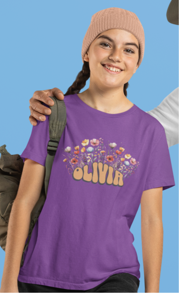 Custom Orange Retro Name Flower Youth Shirt