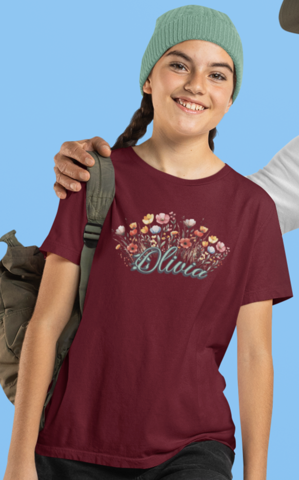 Custom Green Name Flower Youth Shirt