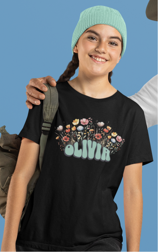 Custom Green Retro Name Flower Youth Shirt