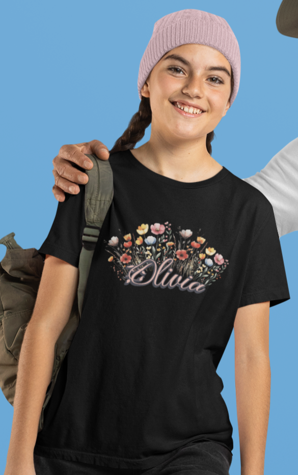 Custom Pink Name Flower Youth Shirt