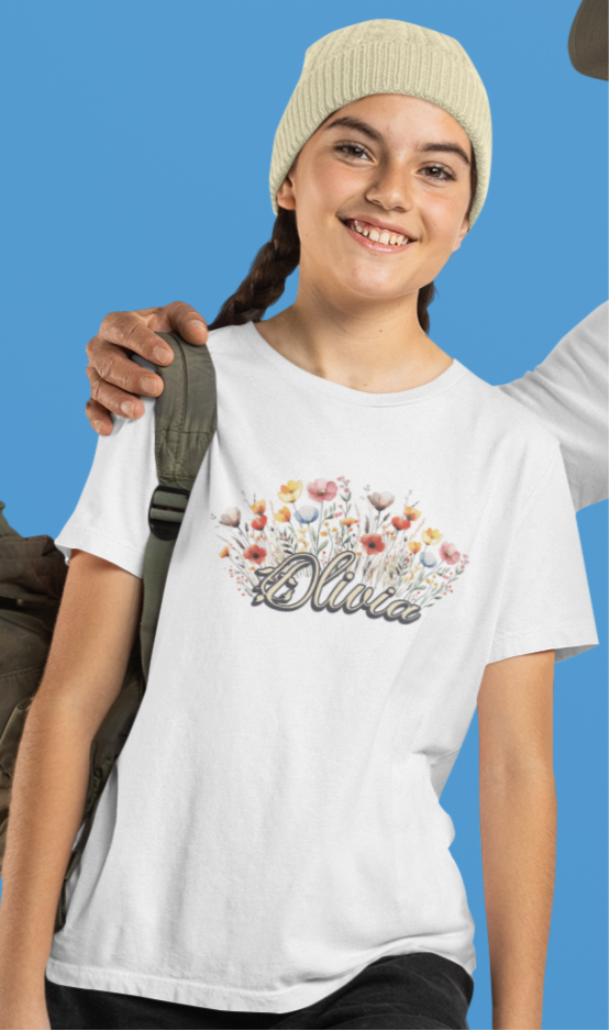 Custom Yellow Name Flower Youth Shirt