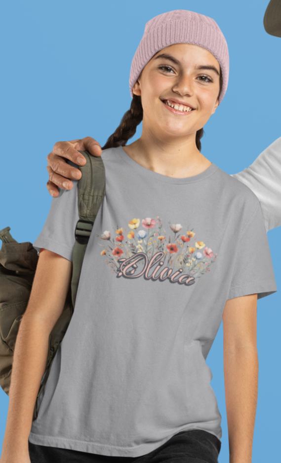Custom Pink Name Flower Youth Shirt