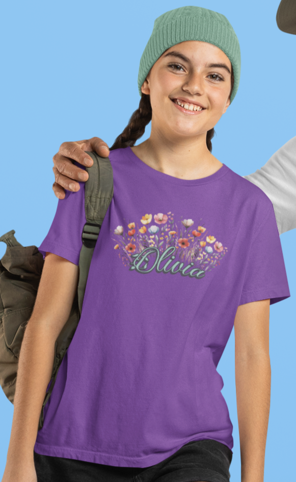 Custom Green Name Flower Youth Shirt