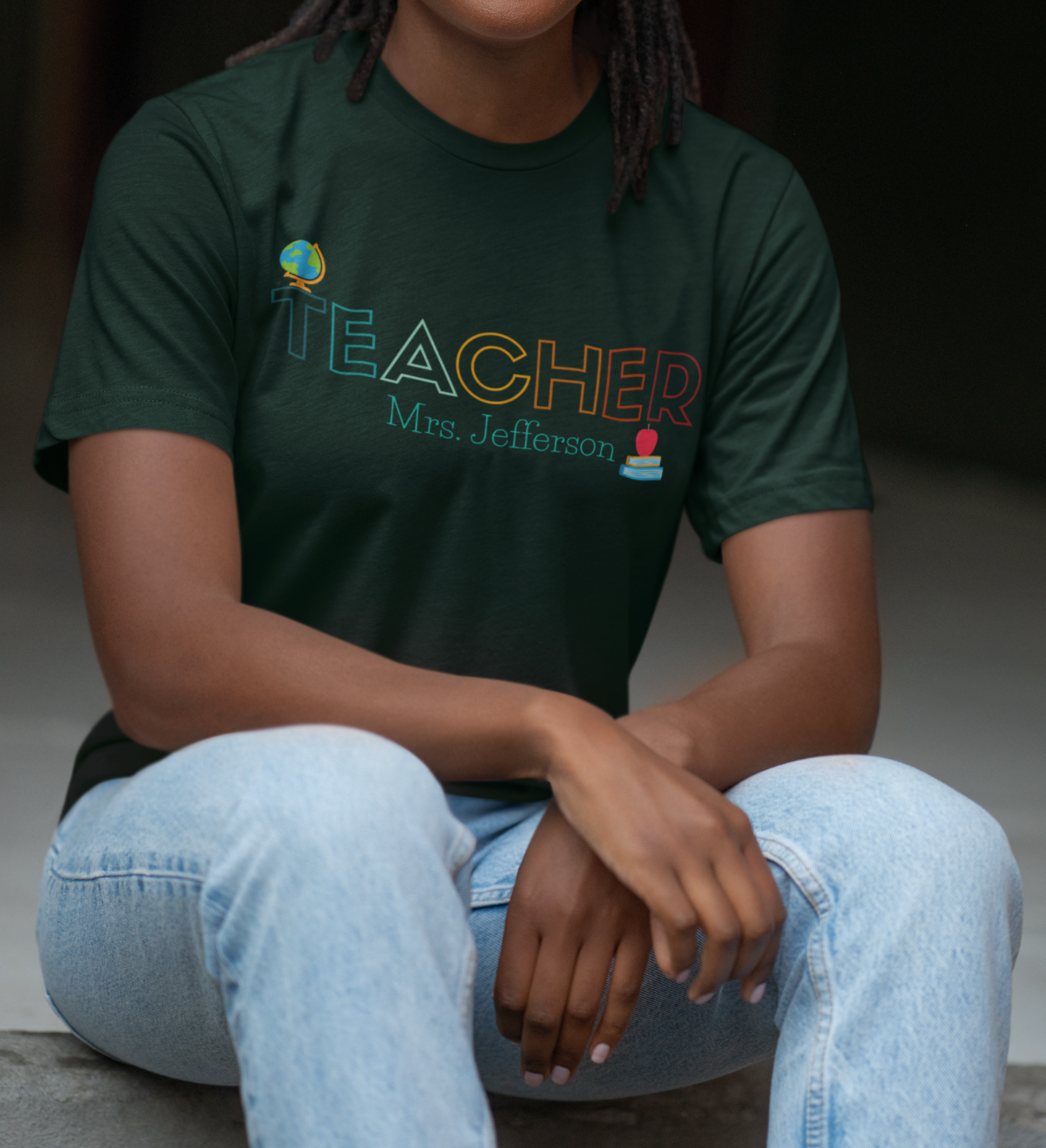 Custom Teacher Outline Lettering Globe Short Sleeve Tee