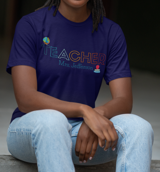 Custom Teacher Outline Lettering Globe Short Sleeve Tee