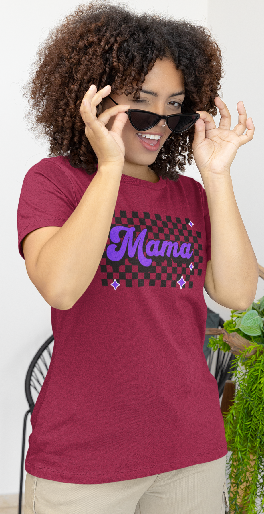 Purple Checkered Mama Short Sleeve Tee