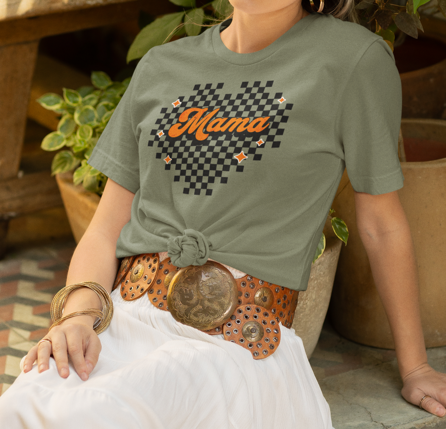 Orange Heart Checkered Mama Short Sleeve Tee