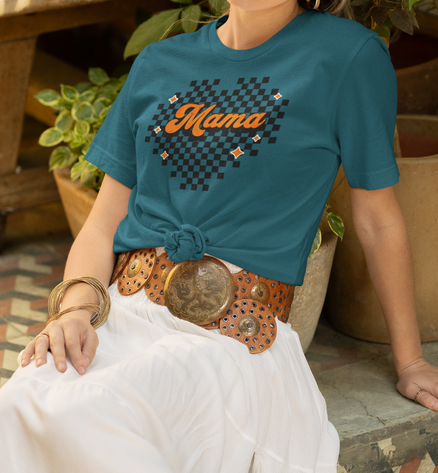 Orange Heart Checkered Mama Short Sleeve Tee